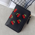 Short black faux leather wallet with red cherry embroidery and gold metal zipper - Black
