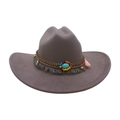 Chapeau fedora gris foncé à large bord avec ruban ethnique perlé et pierre turquoise - Taille unique / Gris