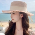 Pink woven straw sun hat with raw edges and beige ribbon bow for beach vacations - Flat Top Hemp Ribbon Pink