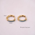 Detail view of 14mm gold hoop earrings with blue stones and dimension measurements - Blue Rhinestone (2*14mm)