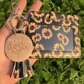 Sunflower pattern card holder keychain with leather tassel and wood I Love You charm - Sunflower