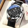 OLEVS men's chronograph watch with black leather strap and silver steel case - Silver Case Black Dial Black Leather Strap