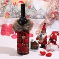 Detailed view of red and black plaid Christmas wine bottle cover with faux fur collar - Red Plaid Style