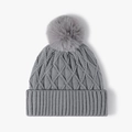 Winter thermal grey knit beanie with faux fur pom and textured diamond cable pattern - One Size(Adjustable) / Blue-Grey