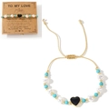 Adjustable heart charm bracelet with pearls and turquoise beads on gift card - Black Heart Pearl Turquoise Card (ZZ-B24052601C-F)
