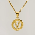 18K gold plated titanium steel necklace with a round hollow pendant featuring letter V - Letter V