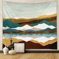 Detail of abstract landscape tapestry with textured woven fabric and mountain scenery - Ochre Dark Green Landscape Reflection (GT428-29)