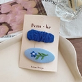 Blue embroidered oval and rectangle fabric hair clips set on display card - Blue Embroidered Oval (2Pcs Set)