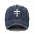 Close-up of BELIEVE text and cross print on washed denim baseball cap surface - One Size / Navy Blue