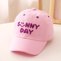 Detail of pink cotton baseball cap featuring purple Sunny Day embroidery and smiley face - 52cm (2-5 Years) / Pink