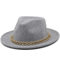 Cappello Fedora classico in lana grigia da donna con dettaglio catena dorata alla moda - M (56-58cm) / Grigio chiaro