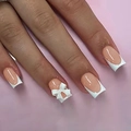 Long coffin french tip press-on nails in nude pink with a 3D white ribbon bow accent - Glue Type / French Bow Nude Pink (D-33)