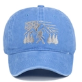 Close-up of silver Bigfoot embroidery on light blue washed cotton baseball cap - One Size / Light Blue