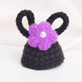 Handmade black knitted hamster hat with purple crochet flower and pearl ear accents - Flying Apsaras Hat