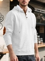 Detail of white jacquard knit hoodie with button placket and brown faux leather elbow patches - S / Tops / White