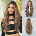 Long wavy wig with ash brown and beige highlights for women with natural texture - Ash Brown Highlight Beige
