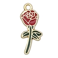 Red enamel rose alloy pendant with golden edges and green stem for DIY jewelry - Rose (19018)