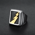 Men's retro stainless steel ring featuring a gold lightning bolt on a black square face - US 7 / Two-tone Gold (08204)