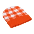 Detail of orange and white gingham knit beanie with soft ribbed cuff and checkered pattern - Orange and White Plaid Style (D)