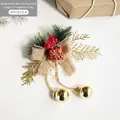 Christmas burlap bow wall hanging with golden bells pine needles and red berries 13x24cm - Linen Color with Gold Ball Bow 1pc