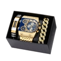 Golden square quartz watch set with blue multi-timezone dial and Cuban link bracelets - 9315 Gold Blue Bracelet Collection