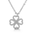 Silver four-leaf clover pendant necklace with heart-shaped leaves and sparkling crystals - Silver Four Heart Pave Clover Necklace(KN29814-K)