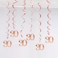 Rose gold 30th birthday party decorations with metallic PVC swirls and number 30 charms - Age 30 (Rose Gold) / 6 Pieces Set