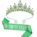 Birthday Queen set featuring green crystal crown and sparkling green glitter sash decoration - Green Silver Set (Queen)
