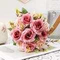 Pink and champagne silk artificial rose bouquet with realistic green leaves and buds - Bean Paste Red