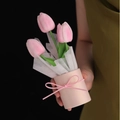 Pink PU tulips in a matching pink container with a bow decoration, 3-flower set - Pink Flower + Pink Bucket (With Bag No Lights)