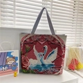Harajuku jacquard canvas tote bag with swan and rose patterns and striped handles - Swan