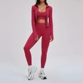 Ensemble de yoga rose rouge 3 pièces avec veste cintrée, brassière et legging taille haute - S / Veste + Soutien-gorge-2 + Leggings (3 pcs) - Rouge Cerise