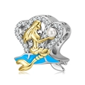 S925 Silber Meerjungfrau Charm mit Goldschwanz, blauer Emaille, Perle und Zirkonia - S925 Sterling Silber Meerjungfrau