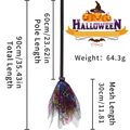 Detailed dimension chart for a 90cm Halloween witch broom showing mesh and pole length - Color Printed Spider Web