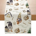 Christmas table runner featuring festive watercolor gnomes and lanterns on linen fabric - 33cmx180cm / Nordic Christmas Gnomes