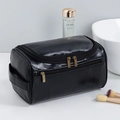 Portable large capacity black faux leather makeup bag with gold zipper and side handle - Hanging Style / Black