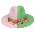 Pink and green bicolor wool fedora with bohemian shell tassel band for women - Green Pink With Shells Tassels