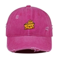 Close-up of pink distressed baseball cap with cute cheese embroidery and ripped details - One Size / Rose Red
