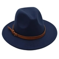 Close-up of deep blue felt fedora hat featuring a brown leather belt with metal buckle - M (56-58cm) / Navy Blue (Yellow Rope)