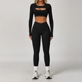 Two-piece black yoga set with long sleeve cutout top and high waist V-cross leggings - S / Top And Bottom / Long Sleeve + Leggings / Premium Black