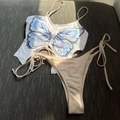 Two-piece white butterfly print bikini set with drawstring top and side-tie bottoms - S / Milky White