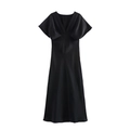 Elegant black satin V-neck midi dress with stylish pleats and cap sleeves for women - XS / Black