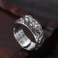 Anello Pixiu vintage da uomo con pietre rosse e incisione interna dei sutra - Stile Argento Retrò / Senza Confezione Regalo / Argento