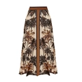 Detailed macro of high-waist tropical palm print A-line maxi skirt with brown trim - One Size / Skirts