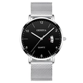 Classic silver mesh men's quartz watch with black dial and luminous calendar display - Black Dial Silver Case Silver Mesh Strap