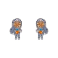 Cute girl-shaped stud earrings with sparkling orange and blue zircon stones set in silver - Girl Stud Earrings / White Gold