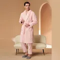 Men's almond thick coral fleece bathrobe set with matching pants for winter warmth - Almond Color Male Set