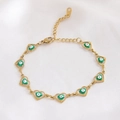 Golden heart link bracelet featuring green evil eye charms on a soft white silk background - 17+5cm / Green (NX10-2)