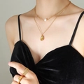 Double-layer gold necklace with freshwater pearl and textured oval pendant set - Gold Double Layered Necklace