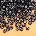 Black round flat acrylic beads with white star heart moon and flower patterns for DIY jewelry - 4*7mm Black And White Star Moon Beads (100 Beads)